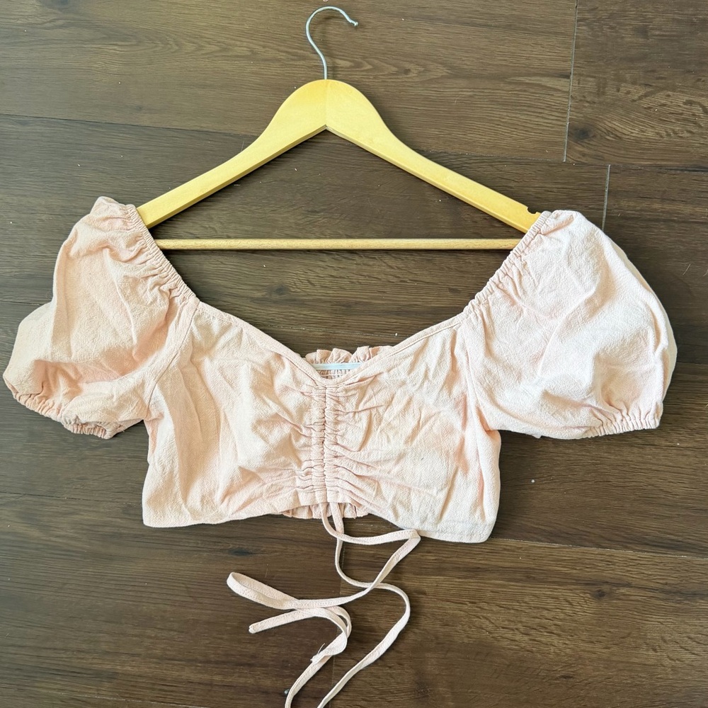 Women's Pink Ruched Puff Sleeve Crop Top